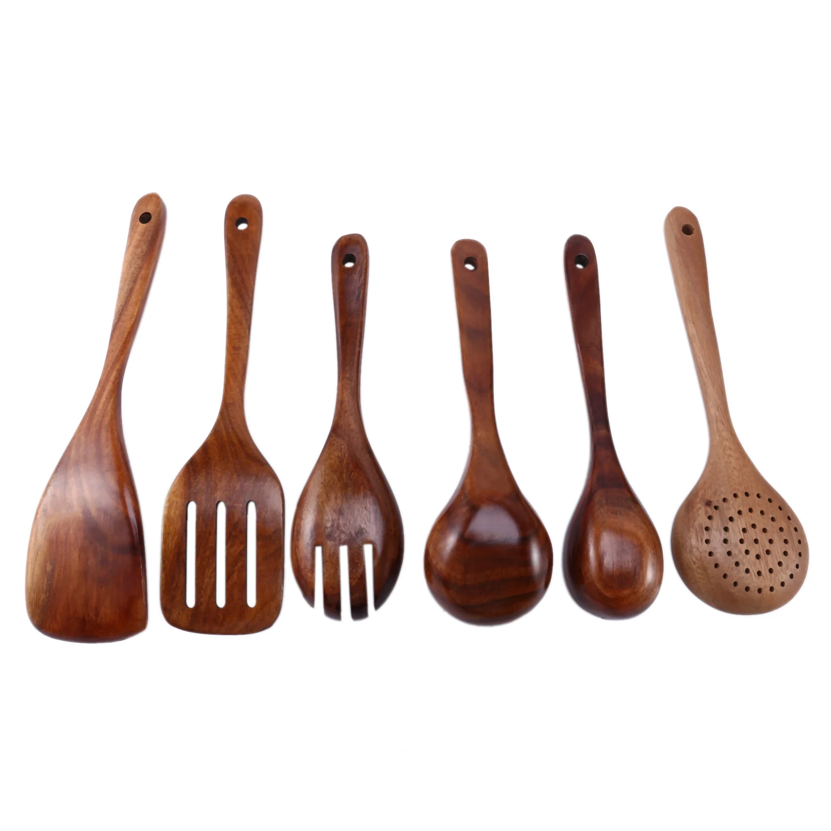 Wooden Utensils Set of 6 Large Kitchen Cooking Utensil for Non Stick Cookware Natural Teak Wood Spoons Spatula Ladle Colander