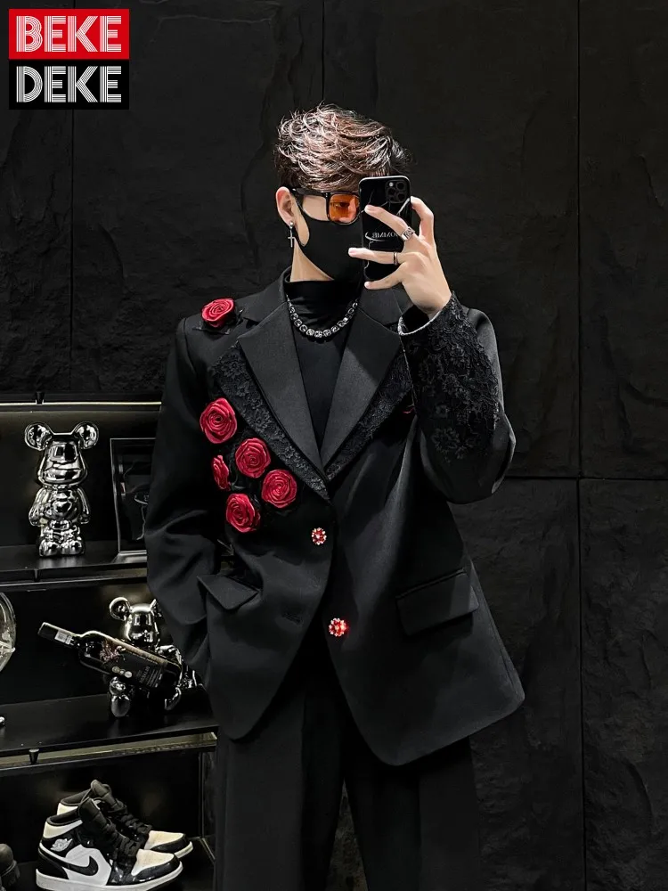 

Высококачественный мужской черный пиджак с аппликациями в виде роз, однобортный, для ужина, вечеринки, выступлений, банкета, верхняя одежда