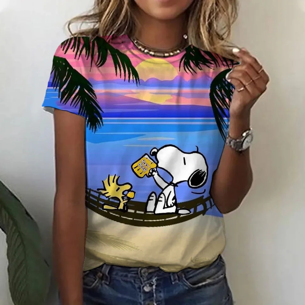 MINISO 스누피 프린트 여성 티셔츠 여성용 새 풀오버 o 넥 캐주얼 반소매 2025 Fashion Street Tops