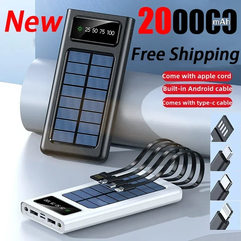 200000mAh Solar Power Bank Solar Battery Two-way Large Capacity Fast Charging Built-in Cable Power Bank External Battery