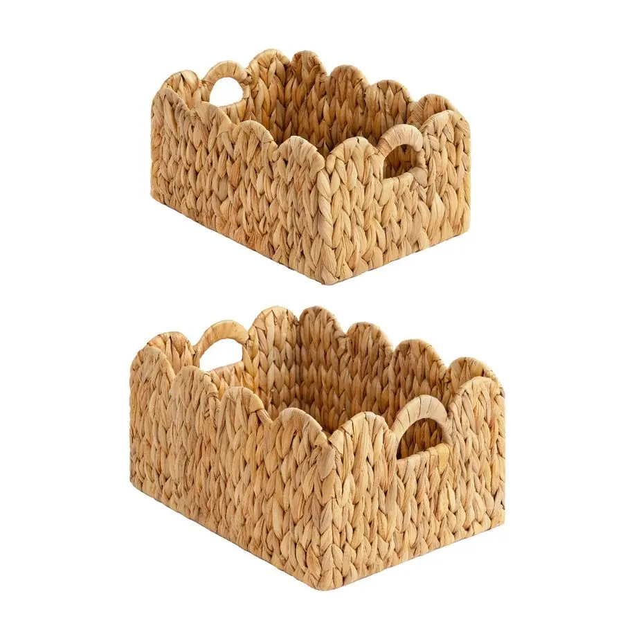 

Scalloped Edge Wicker Basket, Handwoven Rattan Baskets with Builtin Handles, Water Hyacinth Basket for Organizing and Decor, 2 P