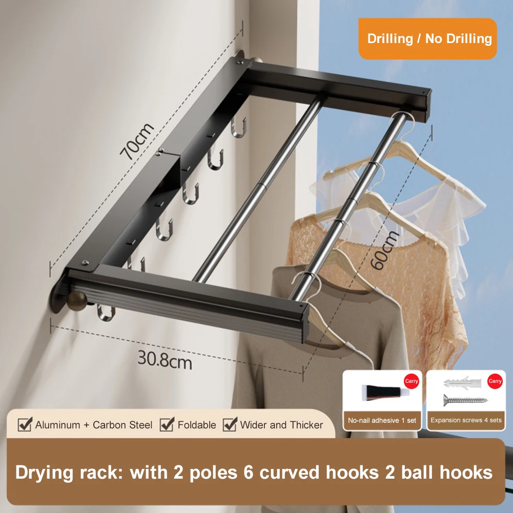 

Wall Mounted Clothes Drying Rack No Drilling Foldable Wall Mount Laundry Rack Aluminum Alloy Hidden Space Saver 2 Rods 5 Hooks