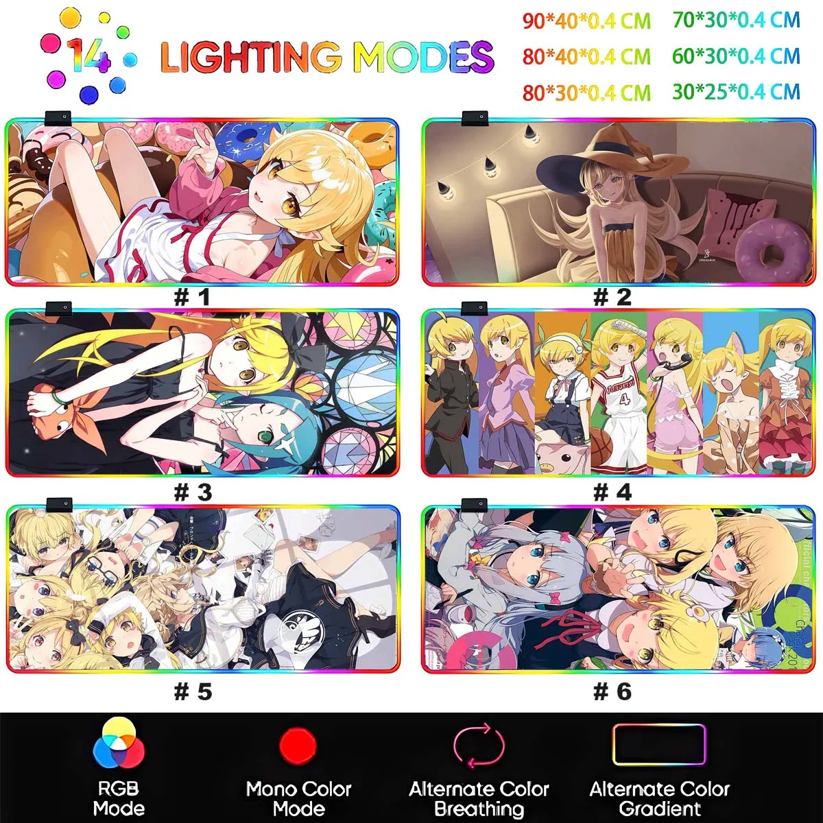 Anime Monogatari RGB Large Non-slip Mouse Pad Oshino Shinobu LED Backlit XXL Mouse Pad Table Overwatch Gaming Keyboard Desk Mat