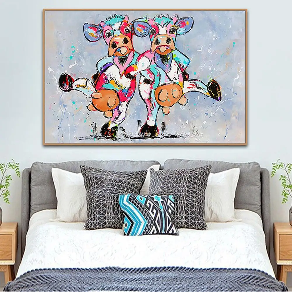 Mintura Handpainted Cartoon Oil Paintings on Canvas Cows Cattle Animal Modern Wall Hanging Art Picture Live Room Home Decoration