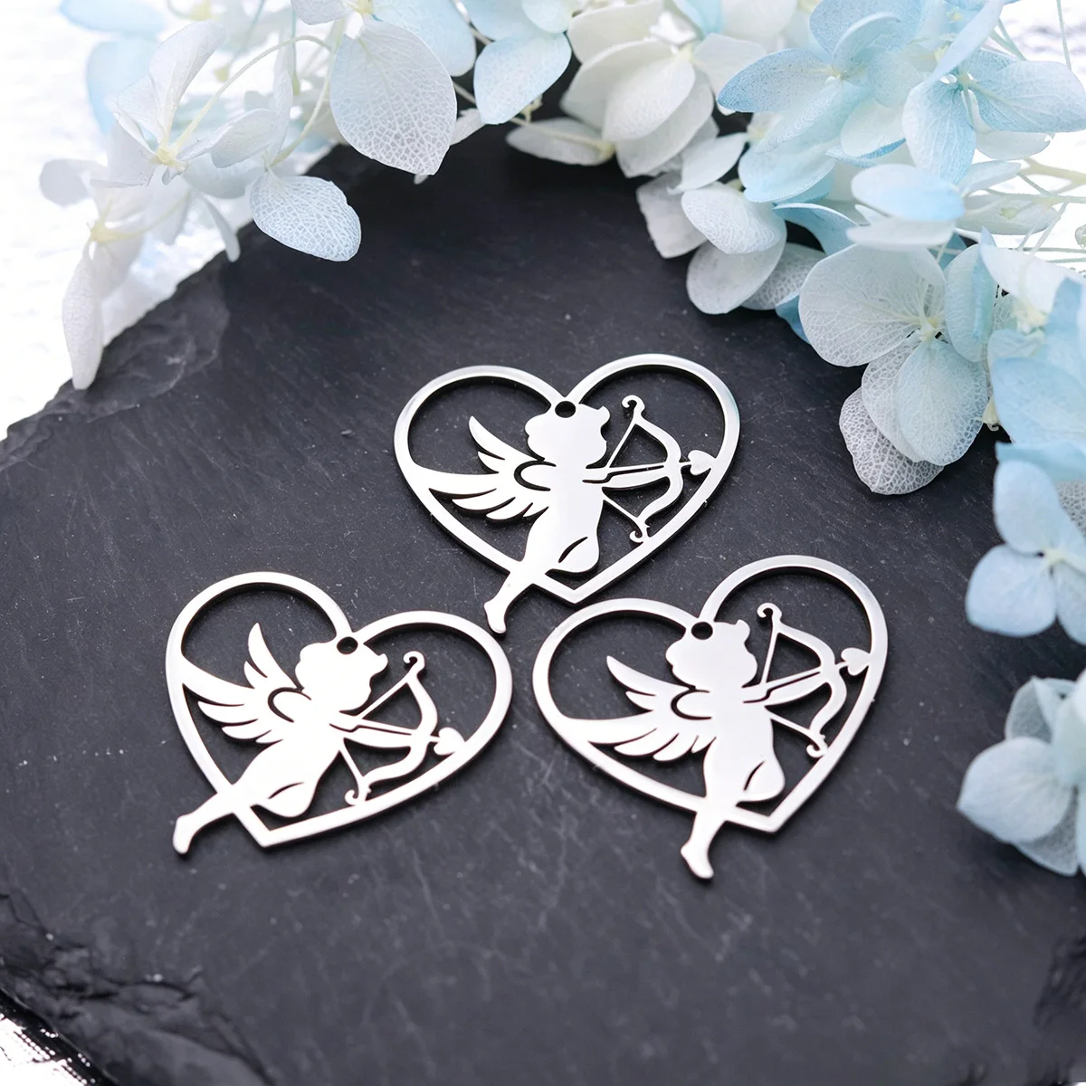 3pcs Cupid Heart Pendant Necklace Stainless Steel Charms For Jewelry Making Findings Components DIY Handmade Accessories