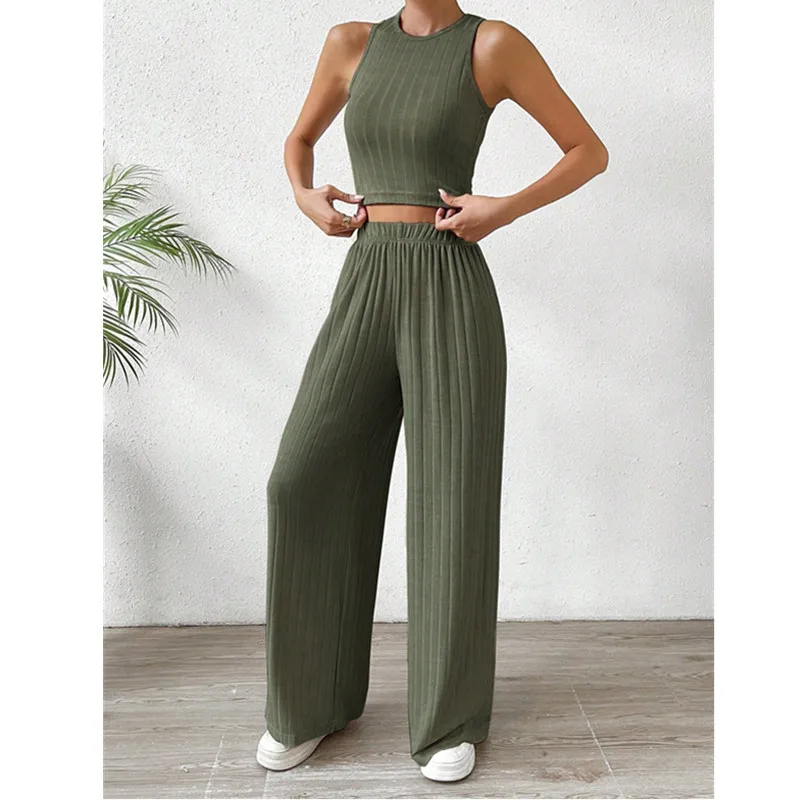 

Faionable Color Vest And High Waist Pants Set Women's Casual Two-Piece Suit round Ne ort Sve Long Pants