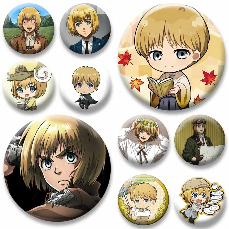 Attack on Titan Armin Arlert Anime Figure Lapel Pins Round Cartoon Cosplay Brooch Handmade Badge Bag Hat Accessory Jewelry Gifts