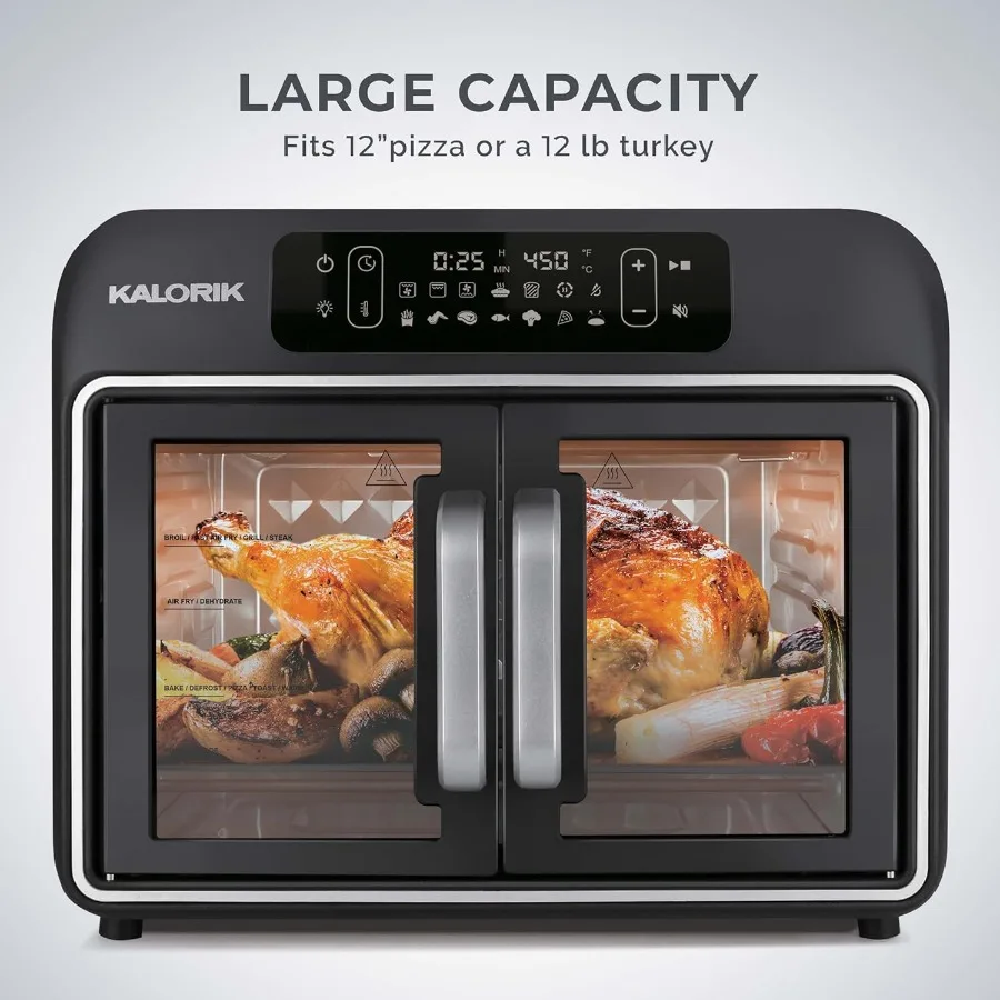 칼로릭 에어프라이어 컨벡션 오븐 디자이너 시리즈 26쿼트 듀얼 스피드 팬 이지 풀 프렌치 도어 및 14가지 스마트 요리 프로그램