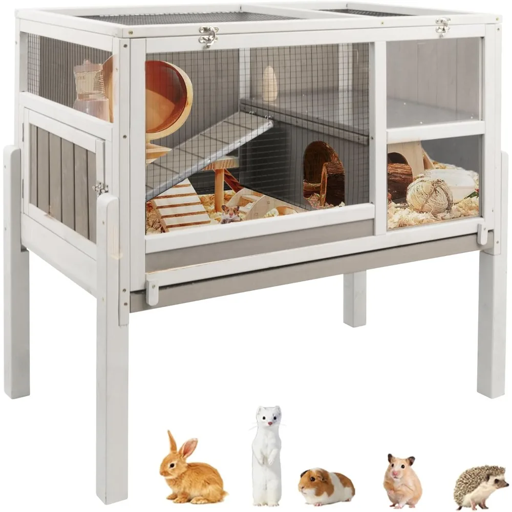 

Guinea Pig Cages , Wooden Guinea Pig Cages with Stand, Rabbit Cage Hutch with Ramp and Hideout, with Not Leakage Pull Out Tray