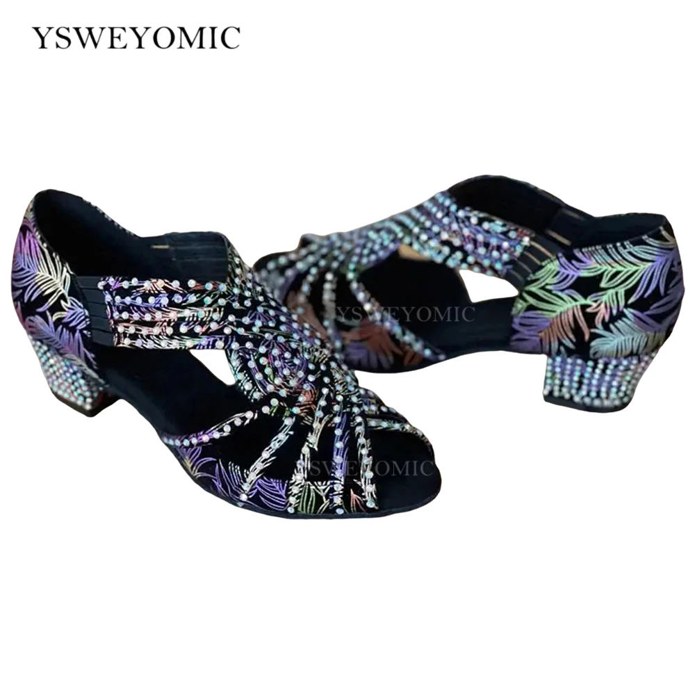 YSWEYOMIC Customized Strass Women Latin Ballroom Dance Shoes in Low Heel 4cm Printing Logo As free