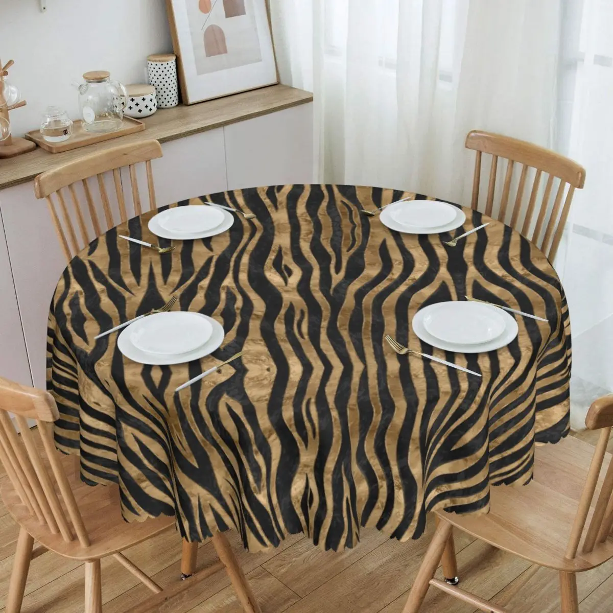 Custom Tiger Faux Fur Texture Black Abalone And Gold Round Tablecloths 60 Inch Animal Texture Table Covers for Table Cloth