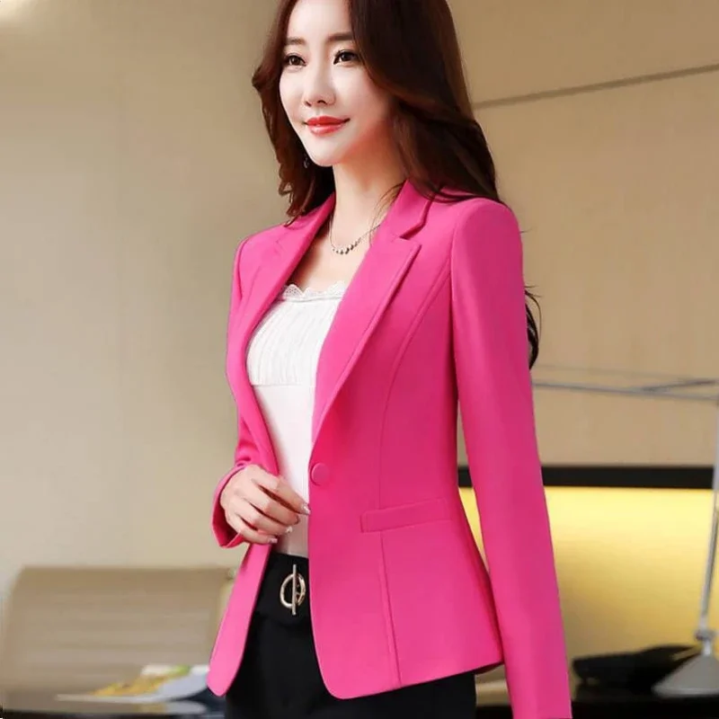 Pink Women Blazer Formal Business Office Lady Work Suit Pockets Jackets Slim Female Casual Top Korean Suit Coat Spring Autumn