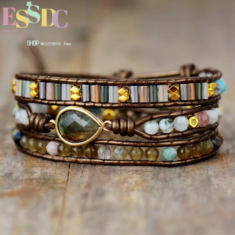 Luxury quality explosion Labradorite drop-shaped wrap bracelet stone hand-woven 3-layer leather chain fashion jewelry
