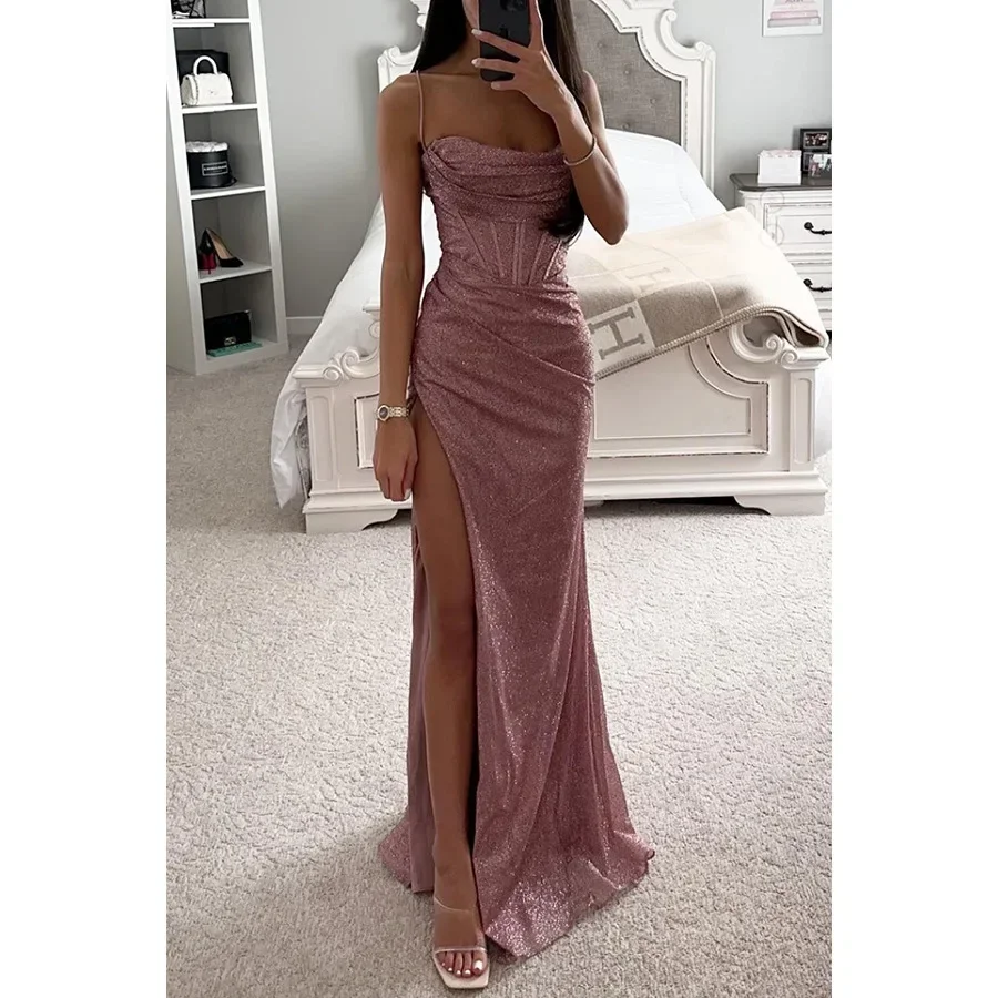 

Autumn Sexy Slim Slit Suspender Evening Dress Women Fashion Solid Suspender Fishbone Waist Closure Slit Party Dress