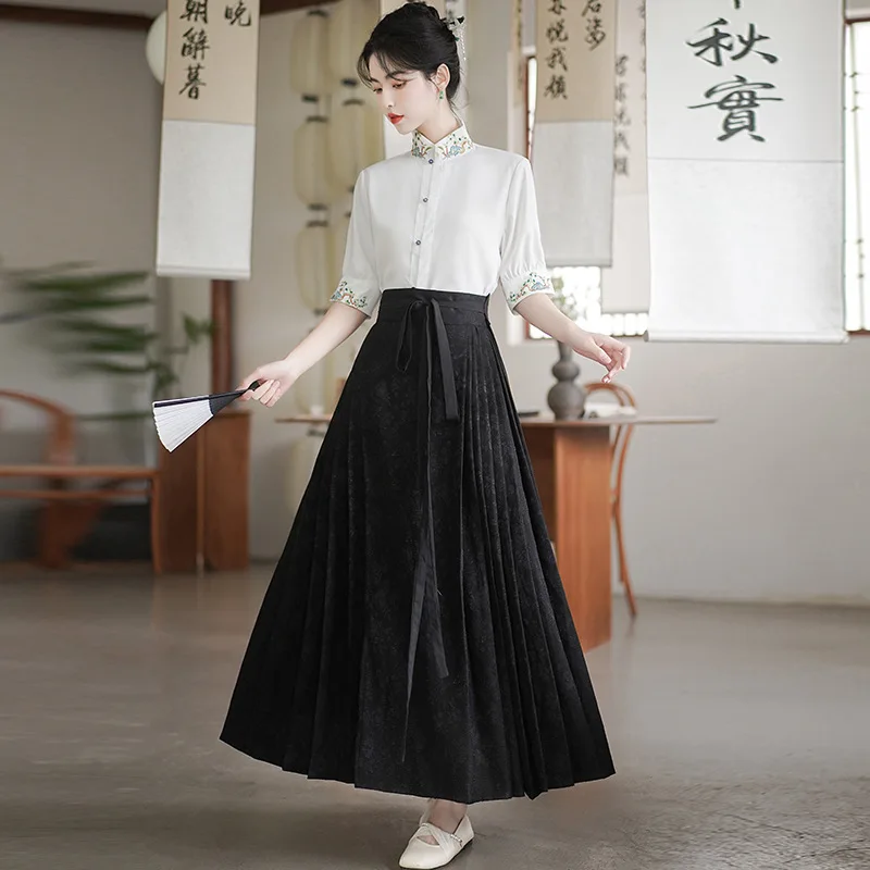 New Chinese Style Shirt Commuting Black Horse Face Skirt Top Improved Hanfu Style Daily Elegant Mamianqun Suit Cheongsam