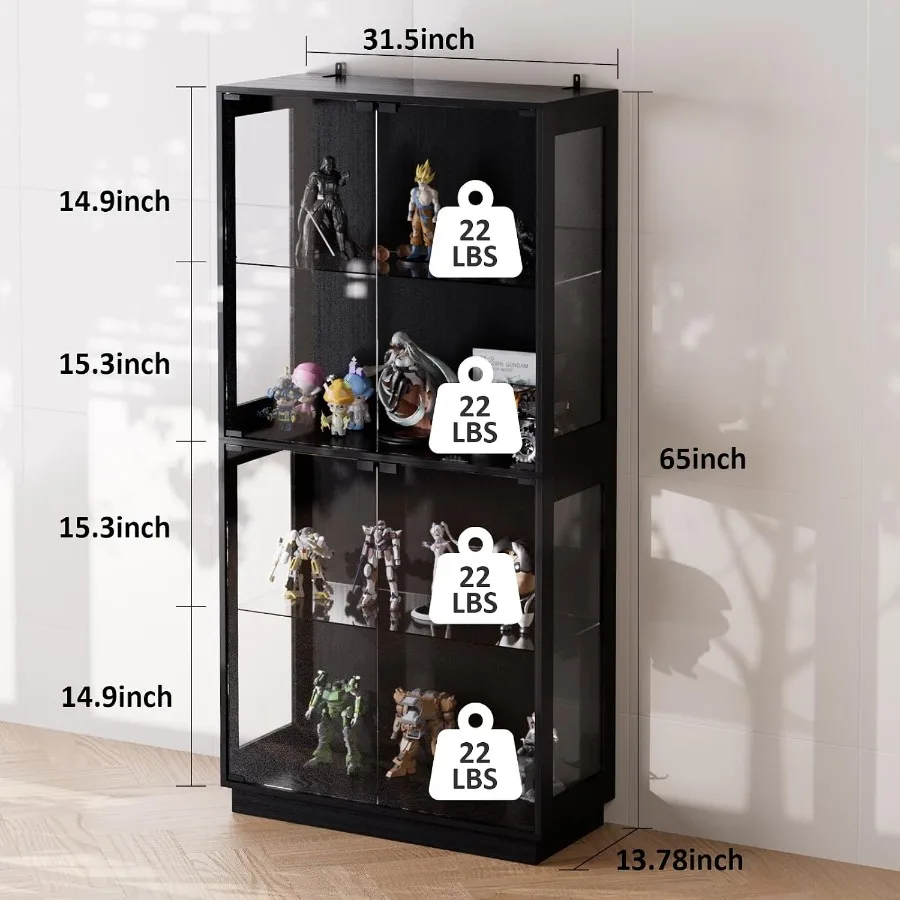 Display Cabinet with Glass Doors 4 Tier Glass Display Case with RGB LED Lights for Collectibles, Adjustable Shelves, Black, for