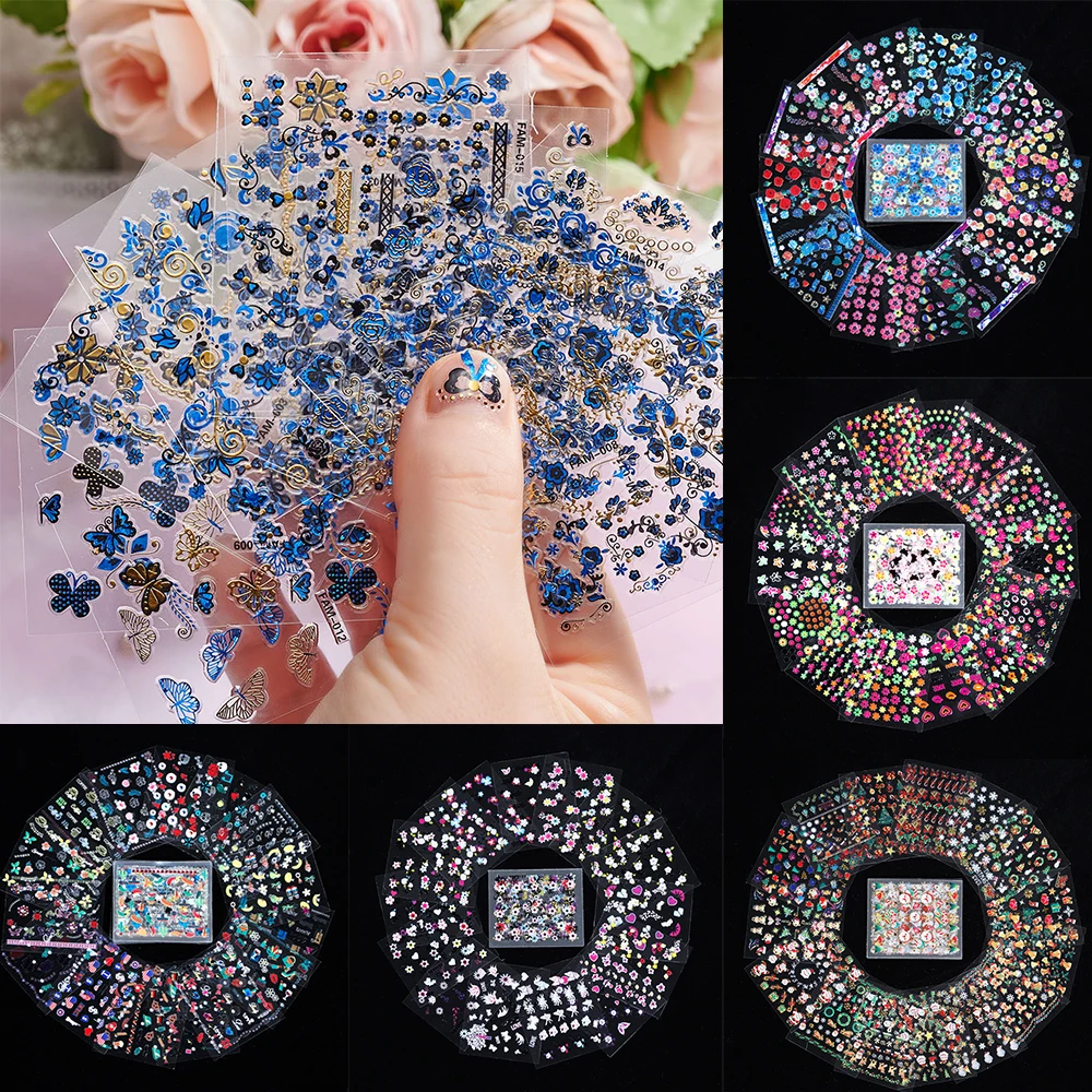 1 Set Blue Butterfly 3D Nail Stickers Flower Leaf Colorful Laser 3D Nail Art Decals Self-Adhesive (5*6cm)Set Nail Stickers