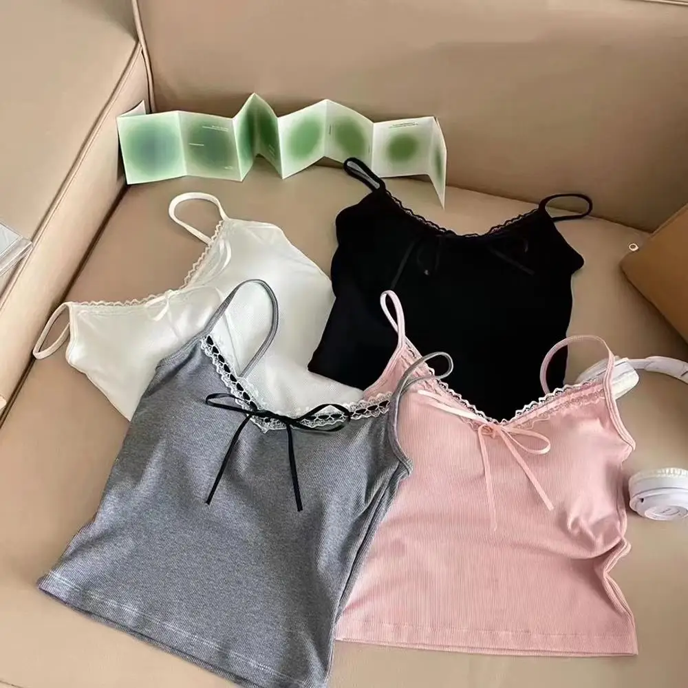 ผู้หญิง V คอ Camisole Lace Patchwork เสื้อกั๊กหวาน Trim เสื้อกั๊กสั้นสไตล์สลิงเสื้อกั๊กเซ็กซี่ TOP Camisole หน้าอกเบาะ
