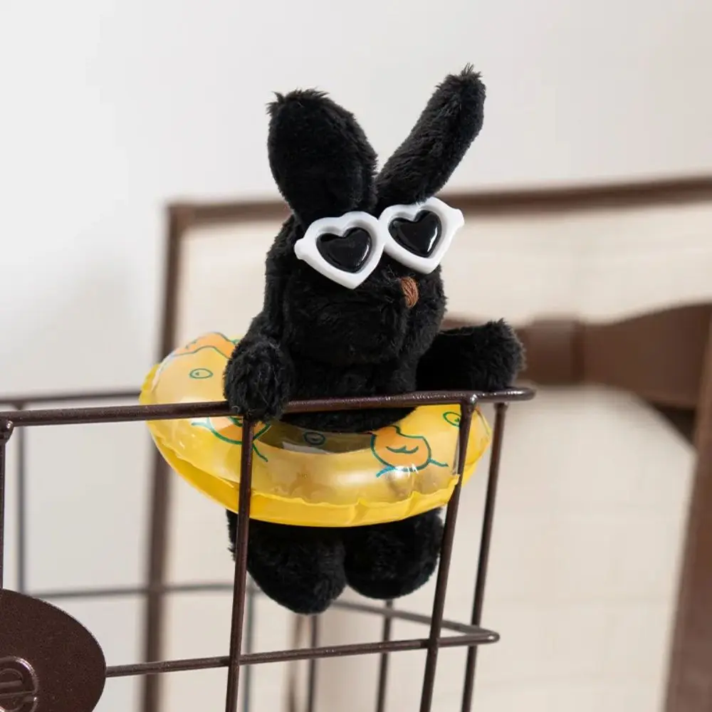 Love Sunglasses Cartoon Rabbit Key Chain Cartoon Swimming Ring Plush Bunny Pendant Soft Charms Doll Keychain Hanging Accessory