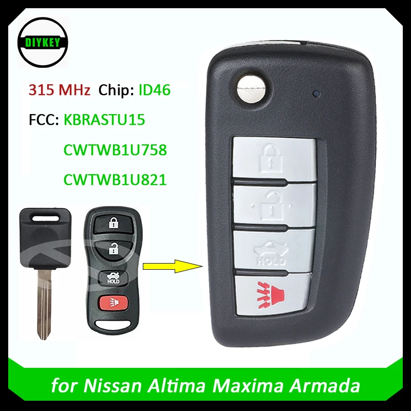 

DIYKEY Replacement Flip Remote Car Key Fob FSK 315MHz ID46 for Nissan 2004-2006 Altima Maxima 2005-2015 Armada FCC: KBRASTU15