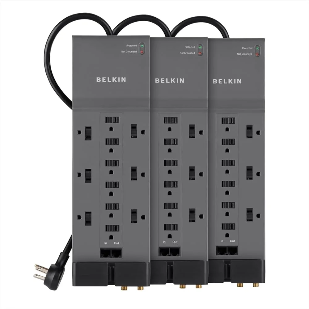 

12 Outlet Surge Protector Power Strip with 10ft Cord Telephone Ethernet Coaxial Protection Home Office Workstations Pack of 3