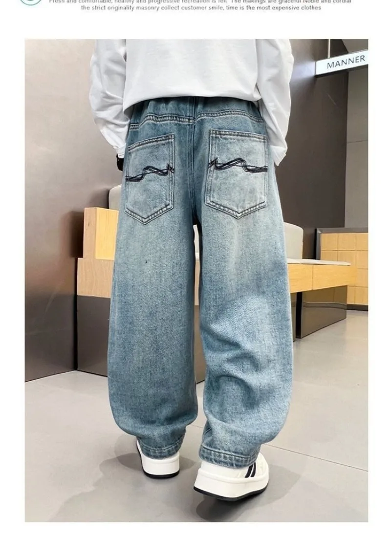 UNITIM Sommer Kinder Jungen Jeans Frühling Herbst Kinder Jungen Gerade Hosen Locker Elastischer Bund Junior Jungen Hosen 4-14 Jahre Jungenhose – Detail 5
