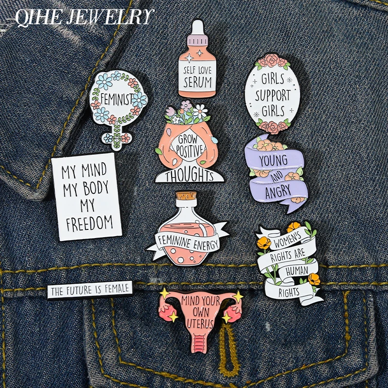 Quotes Women Power Enamel Pins Energy Brooch Bottle Self Love The Future Is Female Girls Support Girls Jewelry Gift Accessories