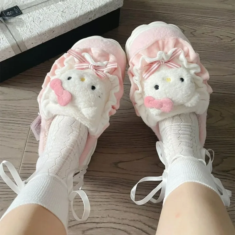 Sanrio New Hello Kitty Kuromi Cinnamoroll Kawaii Cartoon Cotton Slippers Home Ins Thick Sole Anti-slip Plush Comfortable Soft
