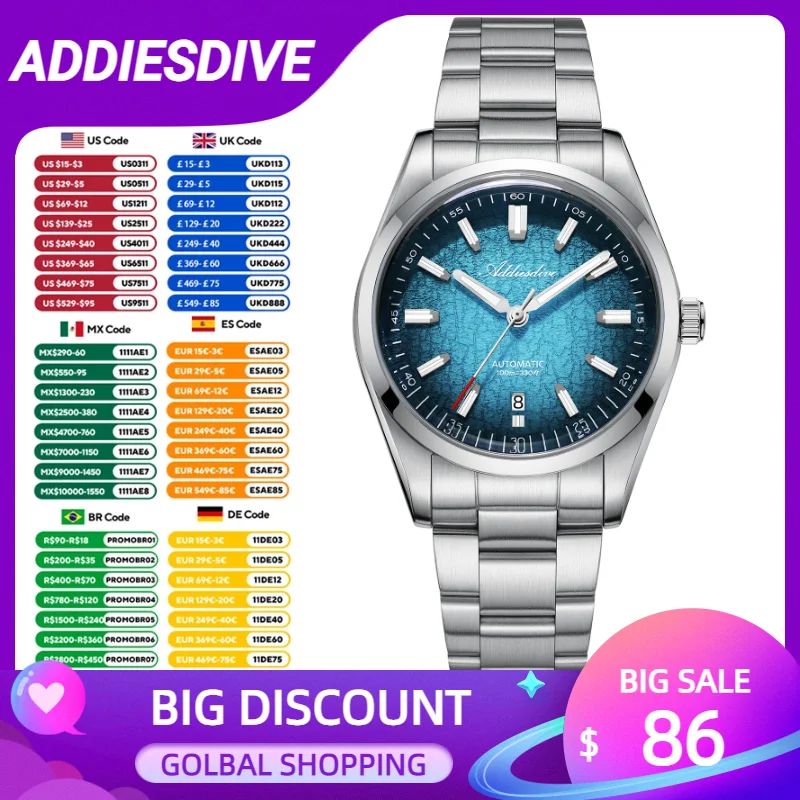 ADDIESDIVE nuevo reloj de 39mm para hombre, marca superior, moda Retro automática, 100m, resistente al agua, vidrio abovedado, relojes mecánicos con gradiente luminoso