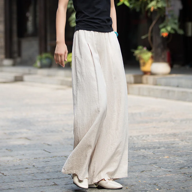 

2023 Spring Summer Women Cotton Ramie Sand Wash Wide-leg Trousers Elastic-waist Casual Pants Female Loose Travel Straight Pants