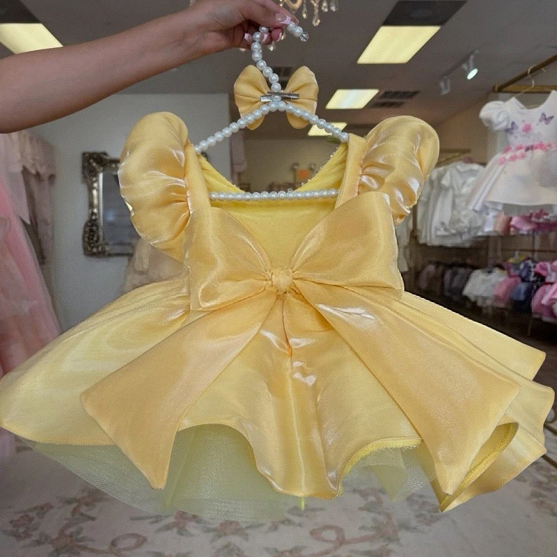 Girl's Sweet Style Yellow Puff Sleeve Dress Birthday Princess Dress Puffy Dress French Style One-Year-Old Party Dress Summer Dre