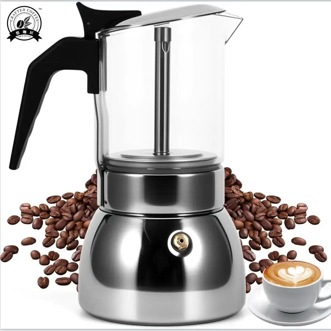 4/6 وعاء موكا شفاف: جسم زجاجي عالي البورسليكات، قاعدة متينة 430. استخدام المنزل/المكتب/التخييم. يعمل على الحث والغاز