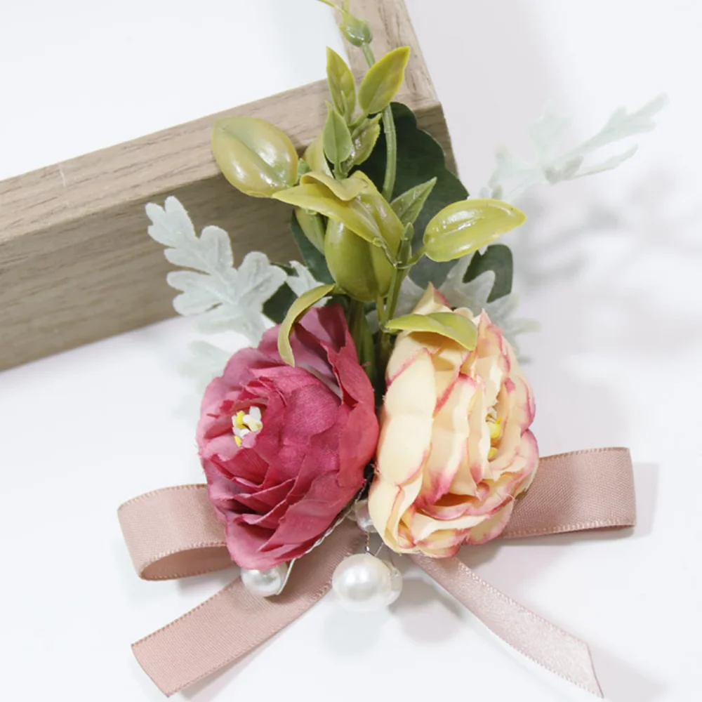 Boutonniere rosa de seda colorida para boda para hombre, flores falsas, perlas de encaje, ramillete de muñeca, decoración, accesorios de matrimonio