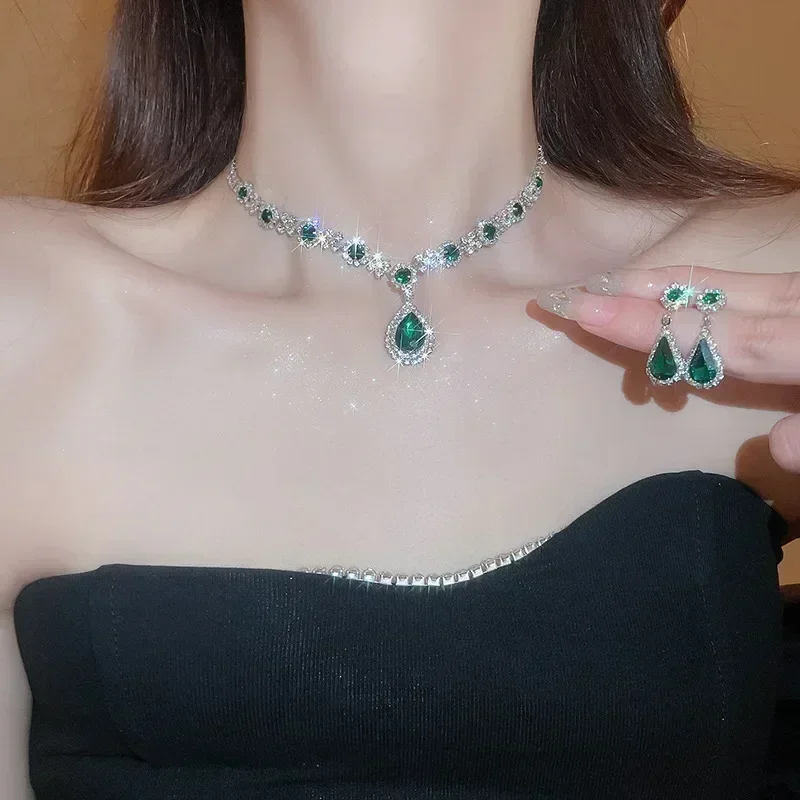 Green Stone Crystal Necklace Earrings Jewelry Set for Women Water Drop Crystal Necklace Earrings Luxury Bridal Wedding Jewellery