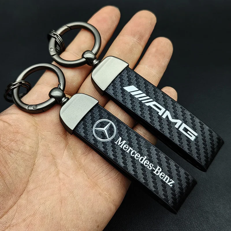 Auto AMG Logo Keyring Carbon Leather Luxury Car Keychain For Mercedes Benz W203 W204 W205 W176 W166 W212 213 CLS GLK ML A Class