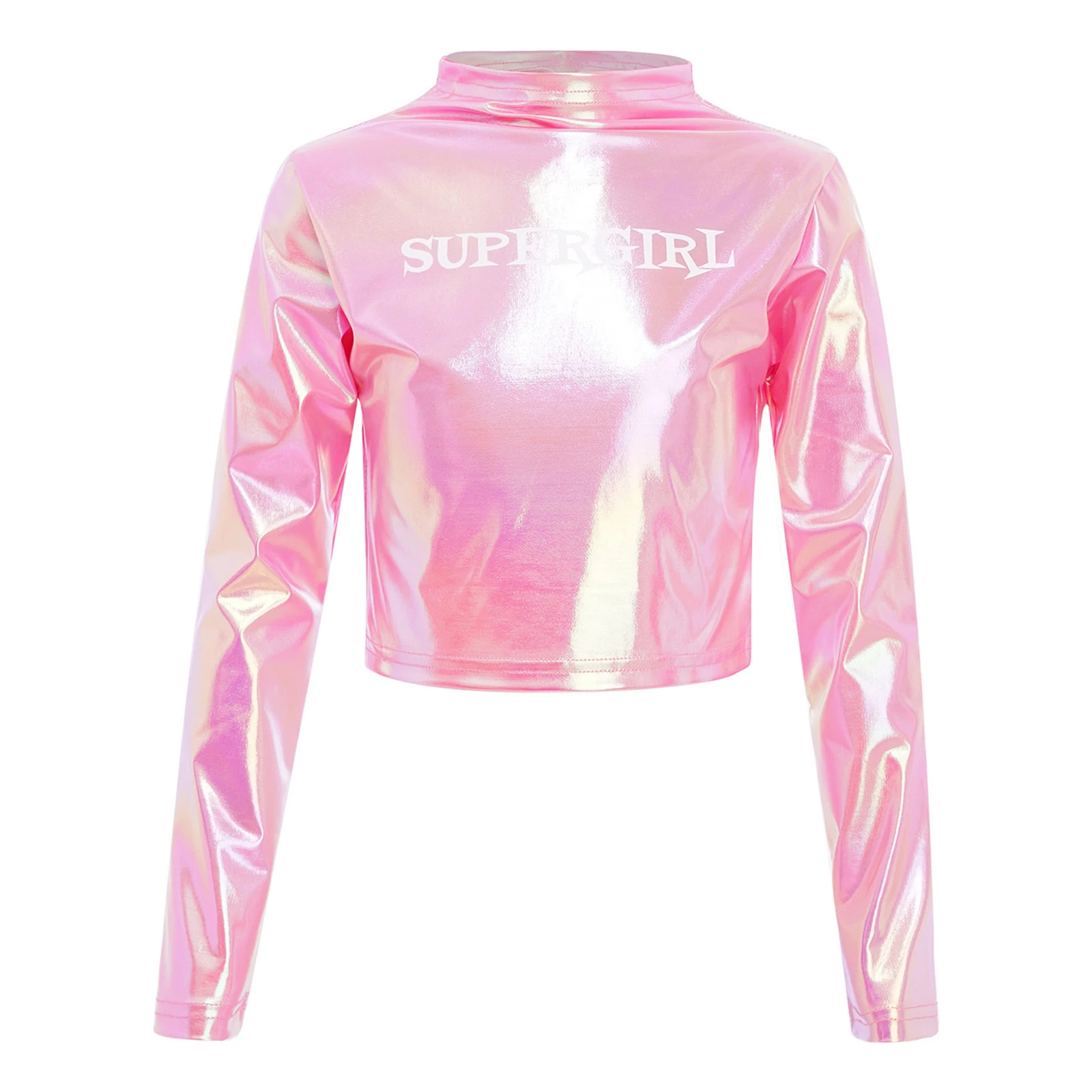 Kinderen Meisjes Hiphop Jazzdans Tops Cheerleading Prestatiekostuum Ronde Hals Lange Mouw Letter Gedrukt Metallic Crop Top