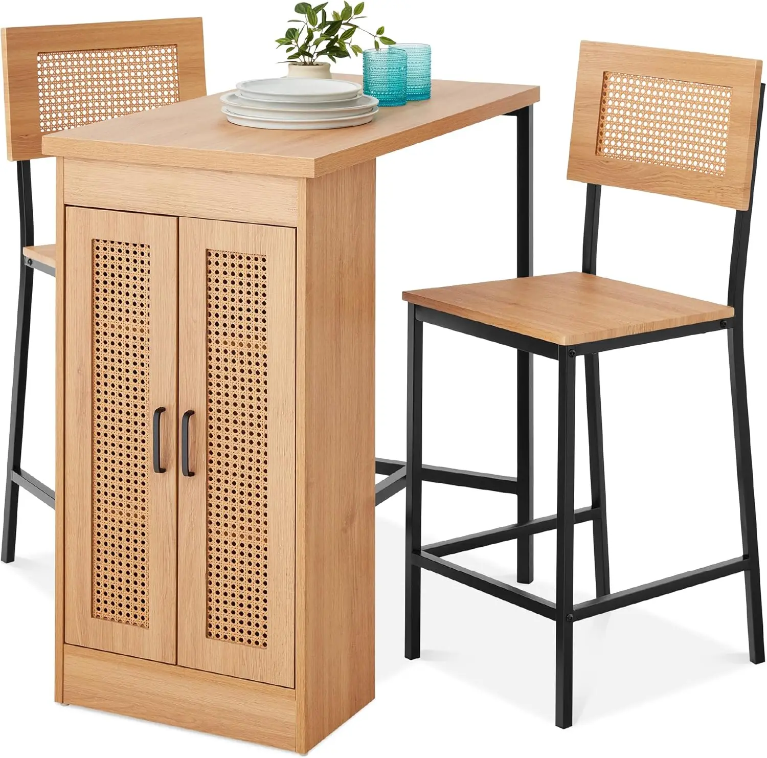 Juego de comedor de ratán, mesa de comedor bohemia de altura de mostrador para cocina para 2, comedor con estantes de almacenamiento ajustables, 3 piezas