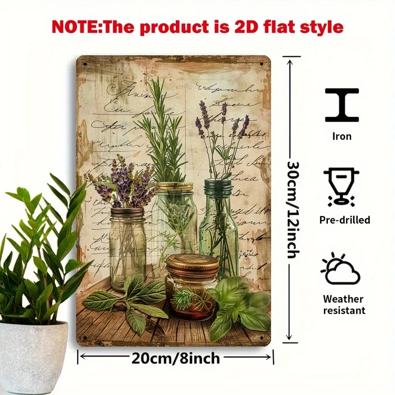 1pc, Rustic Herbs and Jars Metal Sign, Iron Wall Decor, Vintage Botanical Charm, Suitable for Farmhouse Decor, Cottage Style