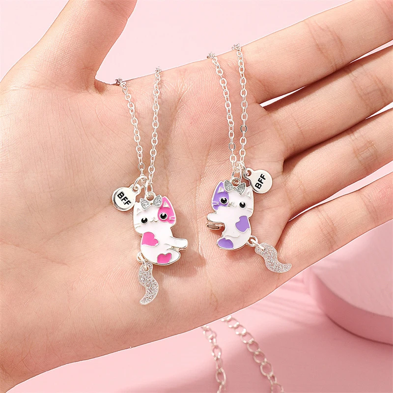 2Pcs/set Cute Cartoon Cat Shape Pendant Chain Best Friends Necklace BFF Friendship Children's Jewelry Gift for Girls