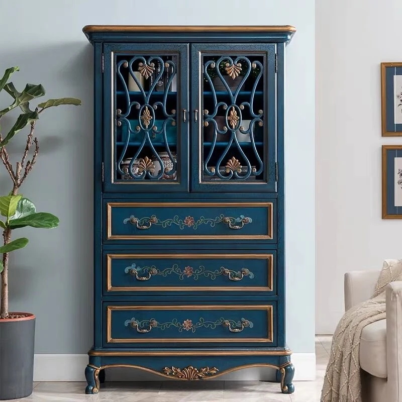 خزانة مشروبات لغرفة المعيشة في الريف الأمريكي بسعة كبيرة وخزانة كتب كلاسيكية من الخشب الصلب