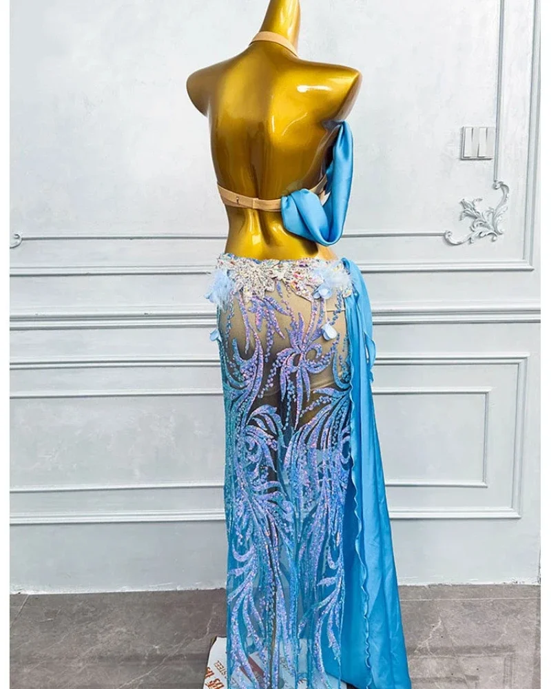 High End Gold Blue Belly Dance Outfit Oriental Dance Adult Female Performance Group Competition Costume Stage Performance Dress