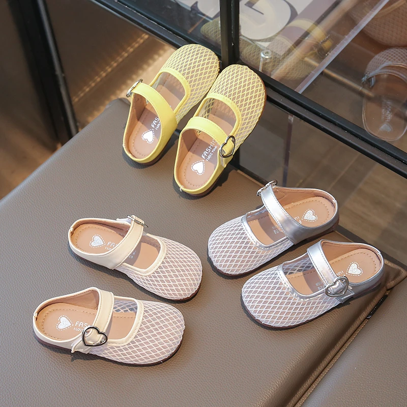 Spring Girl's Slippers Mesh Slip-on Heart Sweet Kid's Flat Shoe Solid Color Anti-slip Soft Sole Casual Daily Chic Children Shoes