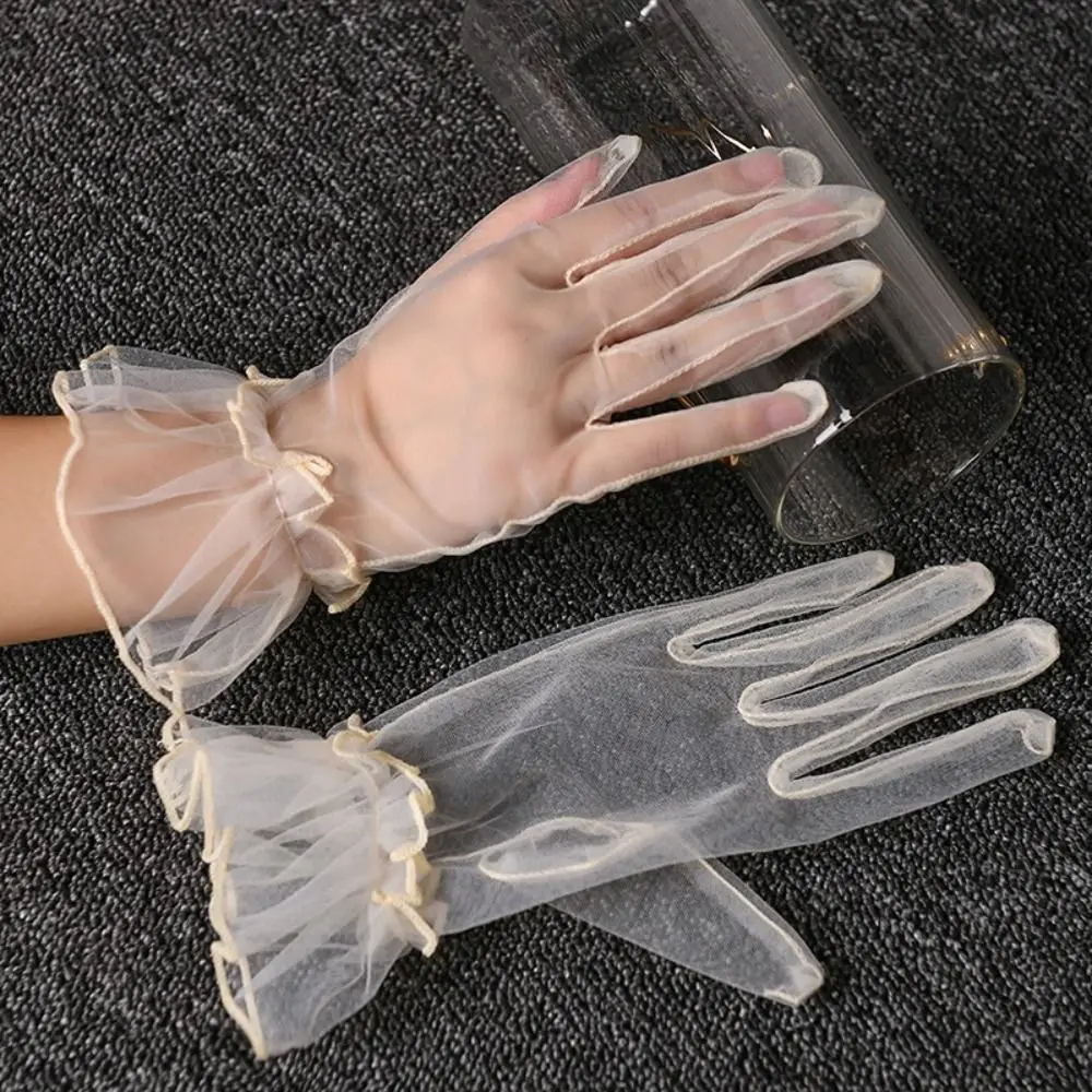 Wrist Transparent Women Tulle Gloves Short Full Finger Gauze Lace Gloves Ultra Thin Bridal Wedding Mesh Gloves Ladies