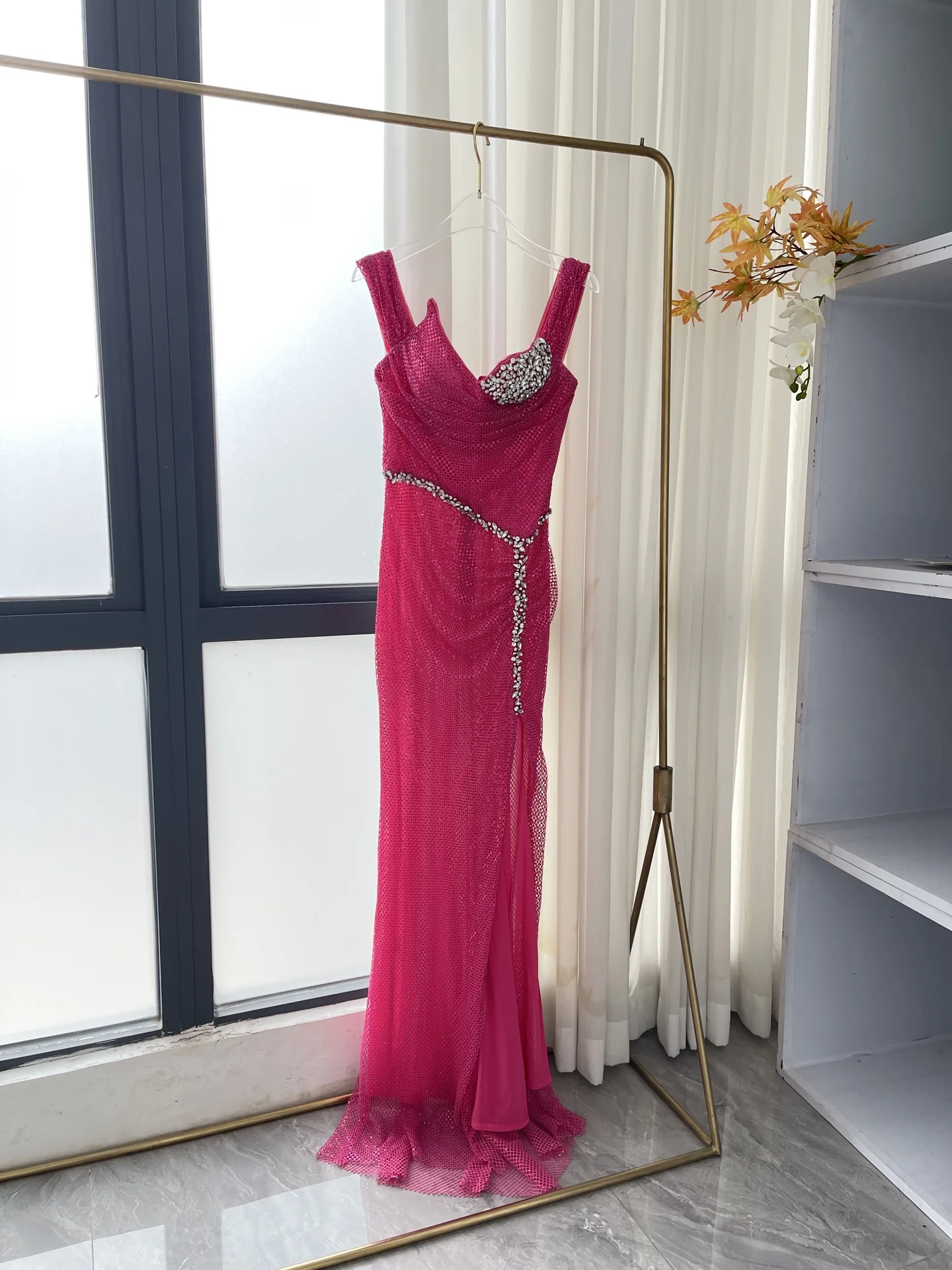 

2025 New Pink Violet Sequins Mesh Beading Sleeveless Backless Tube Slim Slit Hem Maxi Dresses for Party