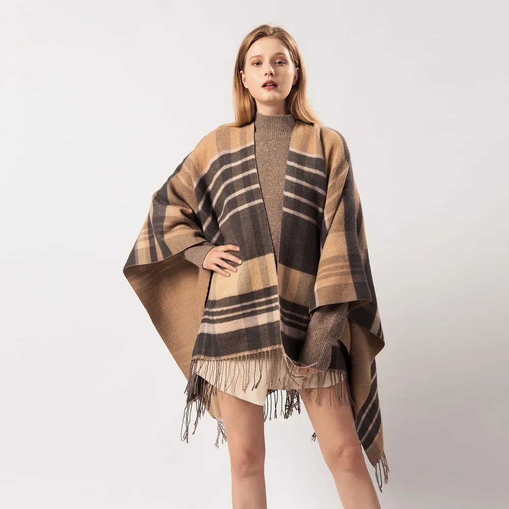 Women's Scarf Lattice Tassel Imitation Cashmere Versatile Extra Thick Warm Shawl European American Cloak Cape Ponchos