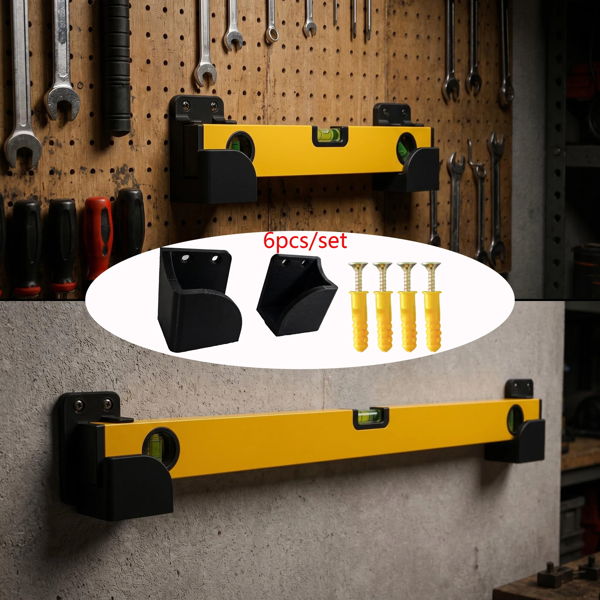 6-Piece Set (2 Brackets + 4 Screws) Universal Wall-Mounted Level Bracket with Curved Slot Design, Storage Rack for Level Rulers, Plastic Level Ruler Bracket, Storage Hook for Workshop/Benches/Woodworking Shops/Garages/Shops/Homes/Workspaces, Etc., Non-Slip and Stable Storage Rack