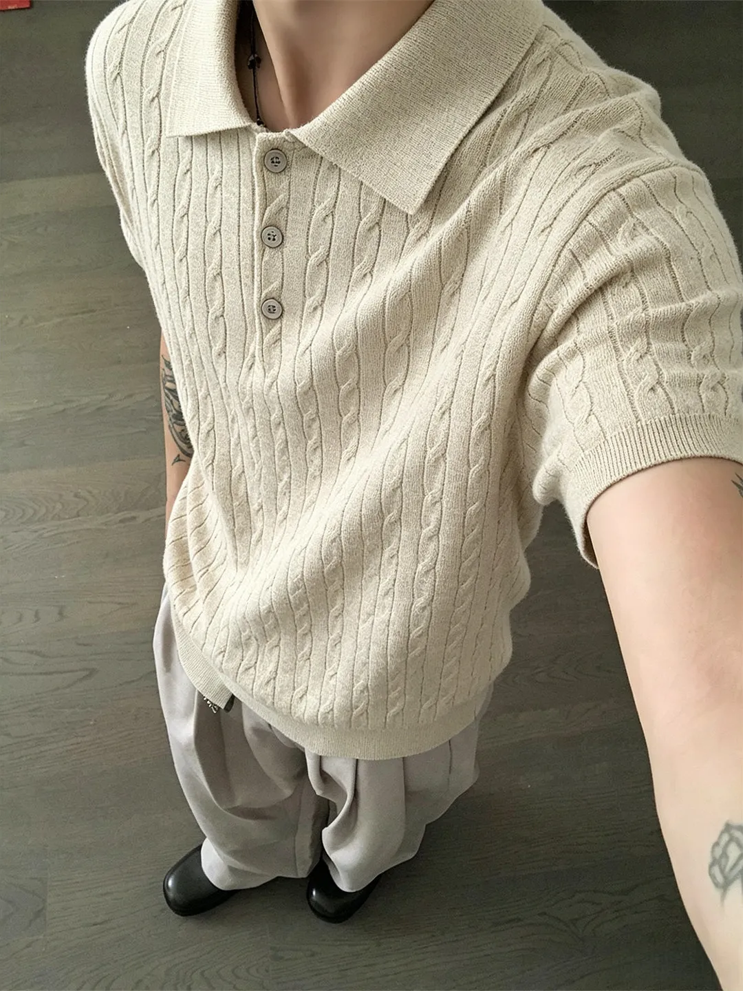 American Retro Cleanfit Knitted Short Sleeve  Shirt Men's Shoulder Flip Collar T-Shirt High-End Half Sleeve Summer Fashion
