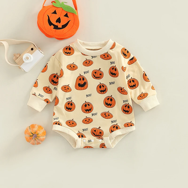 

Cute Halloween Costume Short Sleeve Spooky Bat Print Bodysuit Newborn Baby Unisex Halloween Romper with Snap Closure