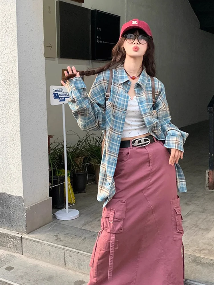 

Retro American Streetwear Plaid Long Sve irt ex Casual Sle Korean Lazy Faion Clothing Cotton Blend Coat