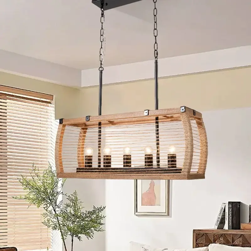 

American Simple Solid Wood Pendant Light Japanese Zen Tea Room Decoration Retro Farmhouse Rectangle Lamp